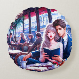 Elegant Parisian Cafe Date: A Romantic Escape Round Cushion