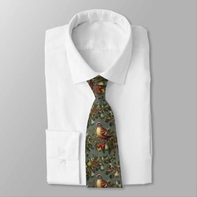 Elegant partridge in a pear tree botanical green  tie (Tied)