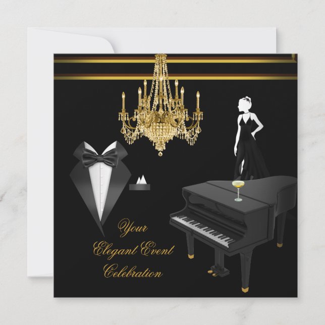 Elegant Party Piano Chandelier Gold Champagne Invitation (Front)