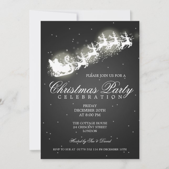 Elegant Party Santa Sparkle Black Invitation (Front)