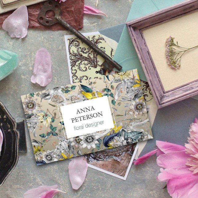 Elegant Passion Flowers on Silver Grey Business Card (Creator Uploaded)