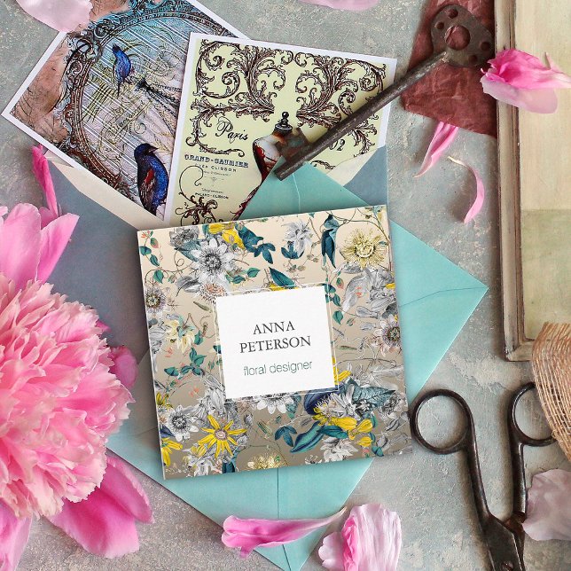 Elegant Passion Flowers on Silver Grey Square Business Card (Creator Uploaded)