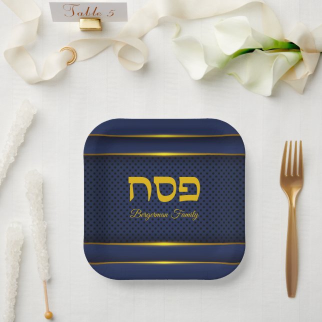 Elegant Passover Seder Dinner Blue and Gold  Paper Plate (Wedding)
