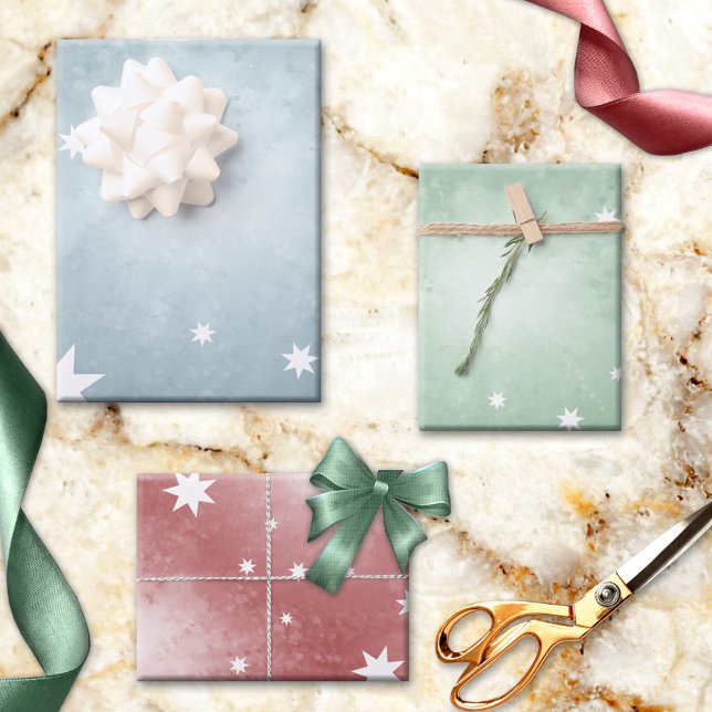 Elegant Pastel Abstract Star Pattern Christmas Wrapping Paper Sheet (Lovely pastel fantasy star pattern Christmas wrapping paper sheets in blue, red and green.)