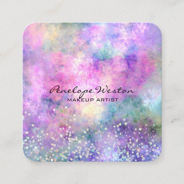 Elegant Pastel Abstract with Silver Glitter   Square Business Card (Front)