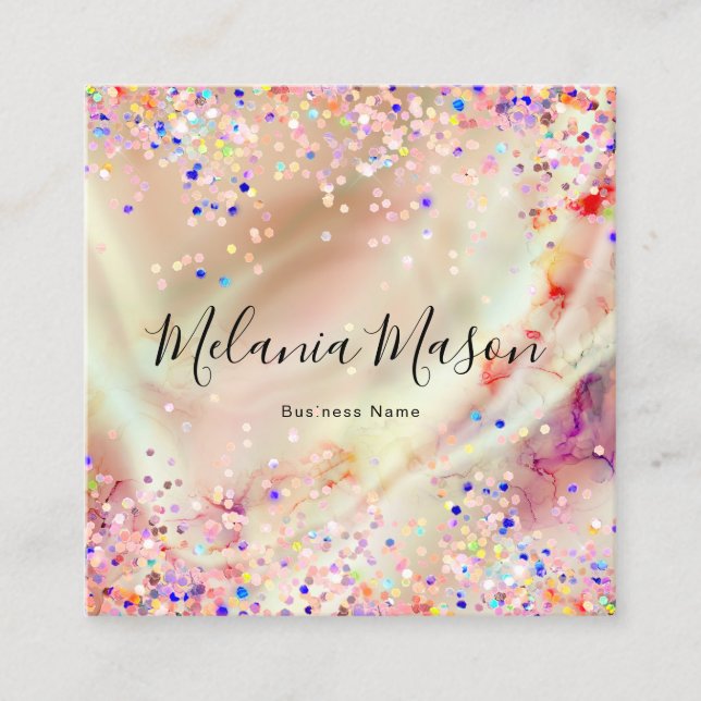 Elegant Pastel Alcohol Ink Modern Glitter Beauty Square Business Card (Front)