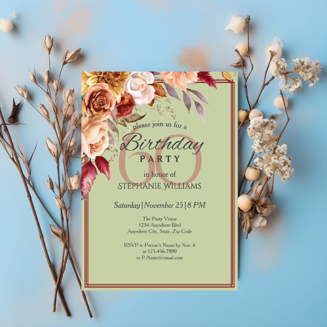 Elegant Pastel Autumn Flower 60th Birthday Party  Invitation (Creator Uploaded)