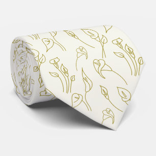 Elegant Pastel Beige Golden Calla Lily Line Art  Tie