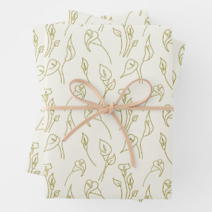 Elegant Pastel Beige Golden Calla Lily Line Art  Wrapping Paper Sheet
