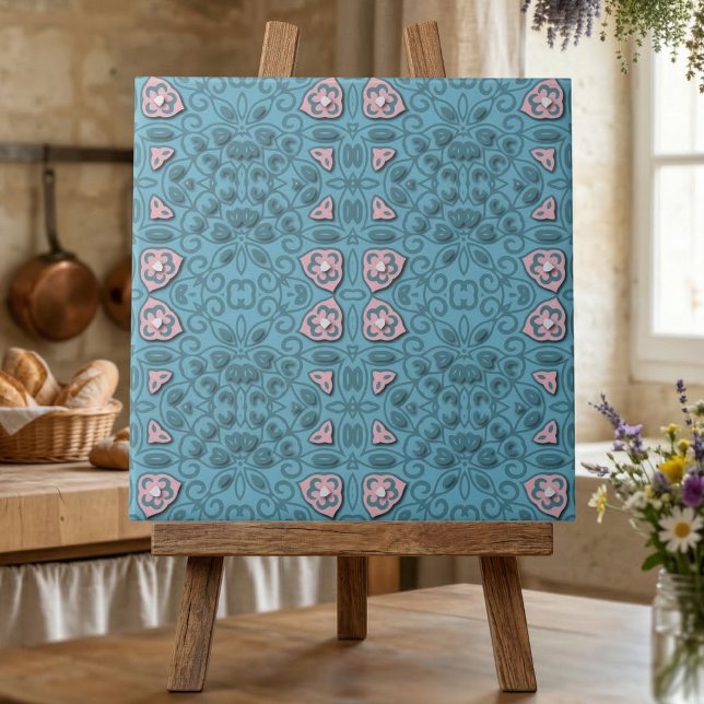 Elegant Pastel Blue and Pink Modern Damask Pattern Tile (Creator Uploaded)