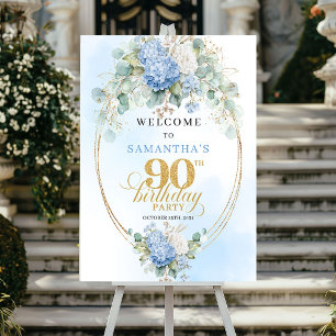 Elegant Pastel Blue Floral Gold 90th Birthday Welc Poster