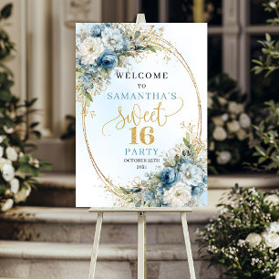Elegant Pastel Blue Floral Sweet 16 Welcome Board Poster