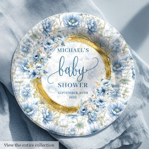 Elegant pastel blue flowers gold boy baby shower  paper plate
