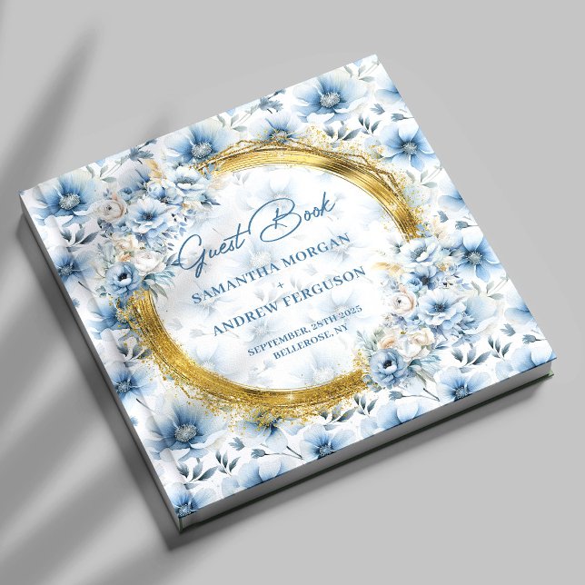 Elegant Pastel Blue Flowers Gold Glitter Wedding Guest Book (Elegant Pastel Blue Flowers Gold Glitter Wedding Guest Book)