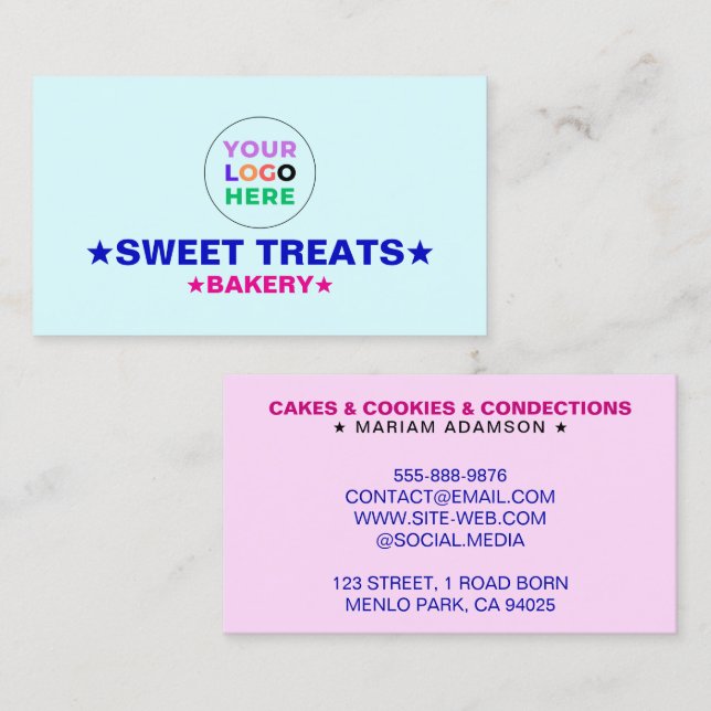 Elegant Pastel Blue & Pink Colour | Bakery Logo Business Card (Front/Back)
