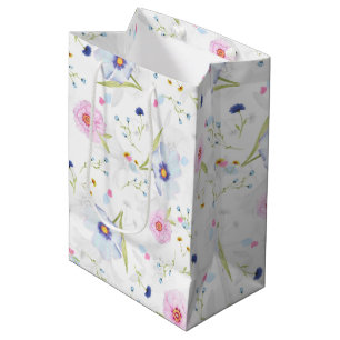 Elegant Pastel Blue & Pink Flowers Floral Medium Gift Bag