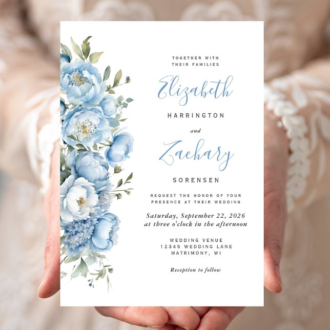 Elegant Pastel Blue Watercolor Floral Wedding Invitation (Creator Uploaded)