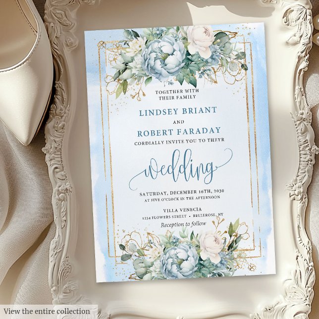 Elegant Pastel Blue White Gold Peonies Invitation (Elegant Pastel Blue White Gold Peonies Invitation)