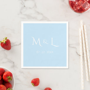 Elegant Pastel Blue White Monogram & Date Wedding  Napkin