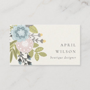 Elegant Pastel Boho Blush Blue Green Leafy Floral Business Card