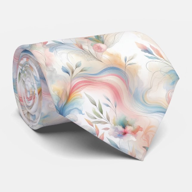 Elegant Pastel Botanical Watercolor Tie (Rolled)
