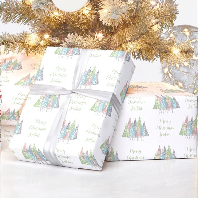 Elegant Pastel Christmas Tree Name Christmas Wrapping Paper (Elegant Pastel Glitter Christmas Tree Christmas Wrapping Paper)