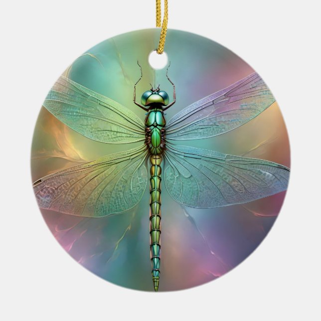 Elegant Pastel Dragonfly Fractal Art, Ceramic Tree Decoration (Front)
