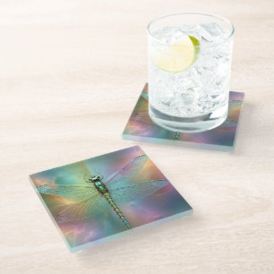Elegant Pastel Dragonfly Fractal Art, Glass Coaster