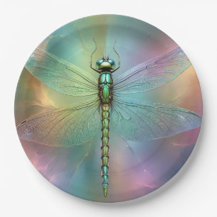 Elegant Pastel Dragonfly Fractal Art, Paper Plate