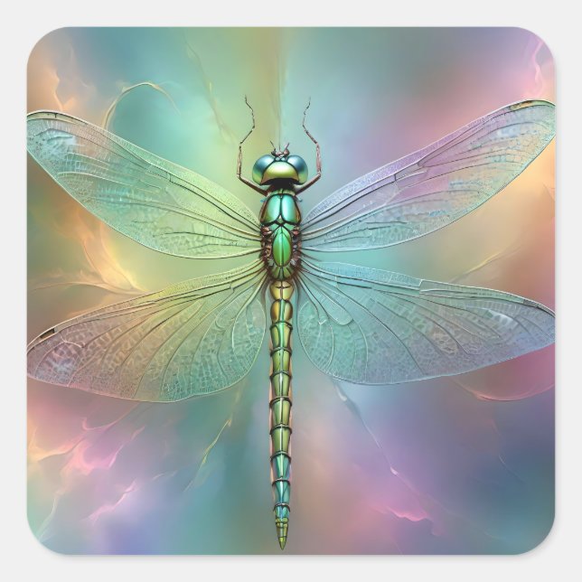 Elegant Pastel Dragonfly Fractal Art, Square Sticker (Front)