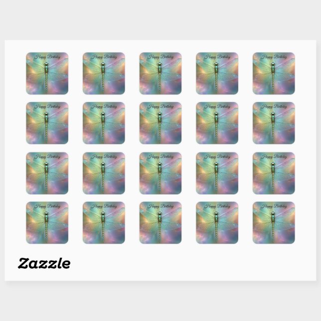 Elegant Pastel Dragonfly Fractal Art, Square Sticker (Sheet)
