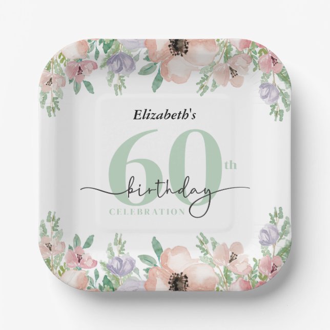 Elegant Pastel Floral 60th Birthday Party Paper Plate (Front)