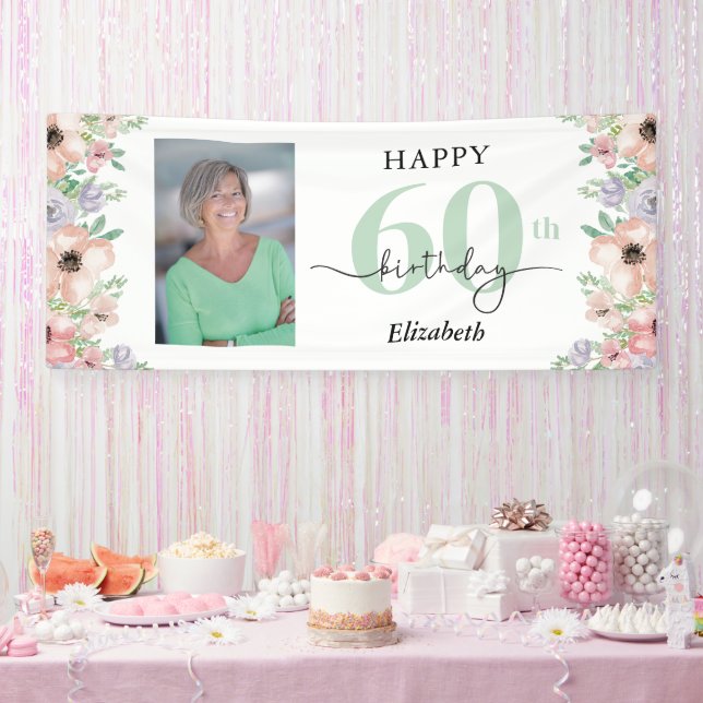 Elegant Pastel Floral 60th Birthday Party Photo  Banner (Party)