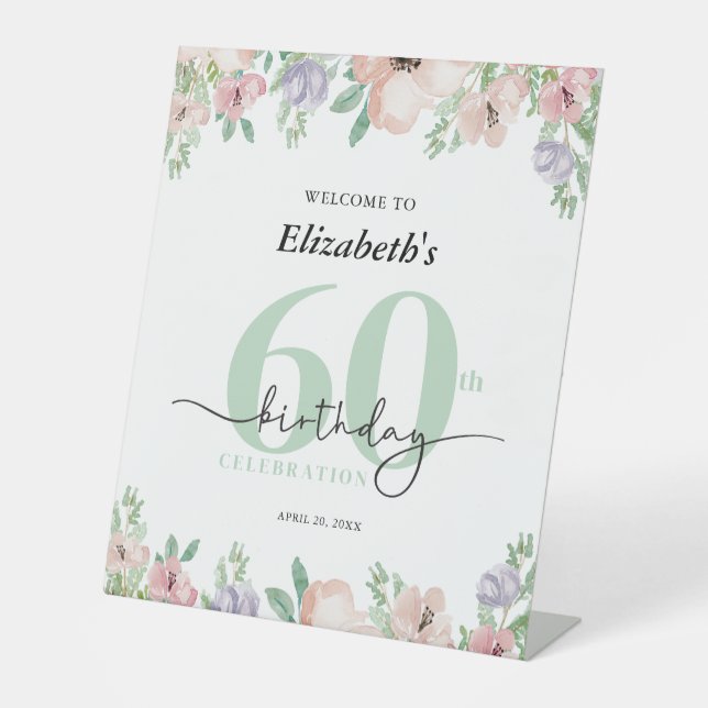 Elegant Pastel Floral 60th Birthday Party Welcome Pedestal Sign (Front)