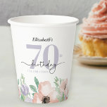 Elegant Pastel Floral 70th Birthday Party Paper Cups<br><div class="desc">This 70th birthday party paper cup showcases an elegant watercolor floral border adorning the bottom. The soft pastel hues of peach and purple offer a delicate and feminine charm,  perfect for a woman's birthday celebration.</div>