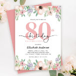Elegant Pastel Floral 80th Birthday Party Invitation<br><div class="desc">This 80th birthday party invitation showcases a graceful watercolor floral border adorning the top and bottom. The soft pastel hues of peach and purple offer a delicate and feminine charm,  perfect for a woman's birthday celebration.</div>