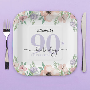 Elegant Pastel Floral 90th Birthday Party Paper Plate