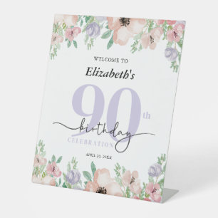 Elegant Pastel Floral 90th Birthday Party Welcome Pedestal Sign