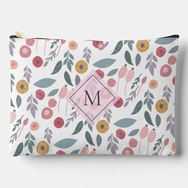 Elegant Pastel Floral Pattern Monogram Accessory Pouch (Front)
