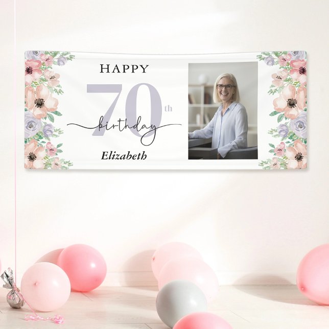 Elegant Pastel Floral Photo 70th Birthday Party Banner (Creator Uploaded)