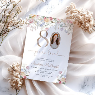 Elegant Pastel Floral Photo 80th Birthday Invitation