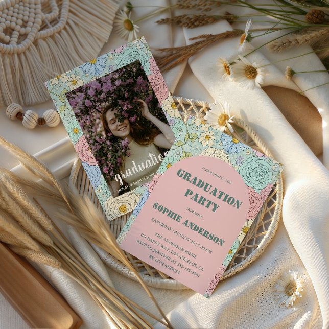 Elegant Pastel Floral Photo Graduation Party Invitation (Creator Uploaded)
