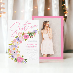 Elegant pastel floral photo script Sweet 16 Invitation