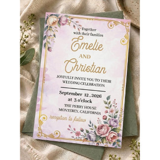 Elegant Pastel Floral Pink Lavender Floral Gold  Invitation