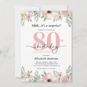 Elegant Pastel Floral Surprise 80th Birthday Party Invitation
