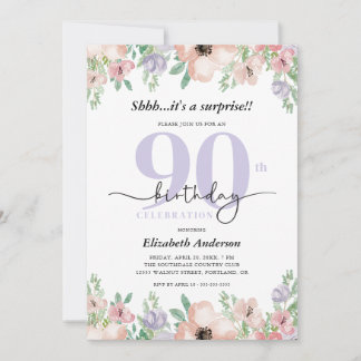Elegant Pastel Floral Surprise 90th Birthday Party Invitation