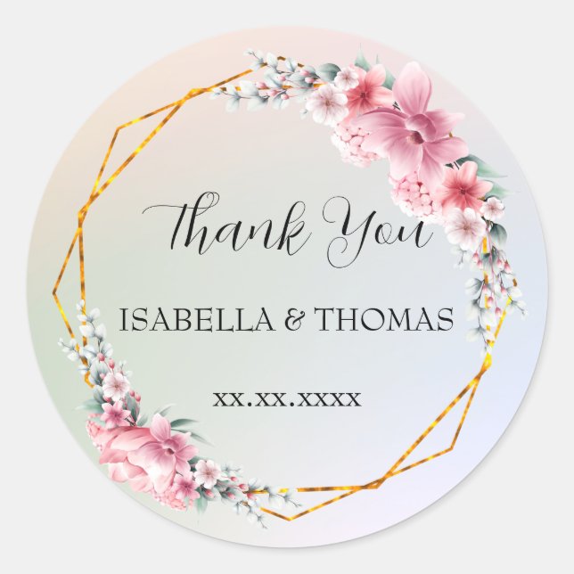 Elegant pastel floral Thank You Wedding party Classic Round Sticker (Front)
