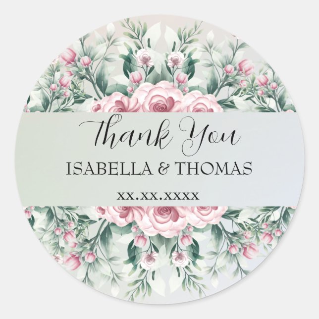 Elegant pastel floral Thank You Wedding party Classic Round Sticker (Front)