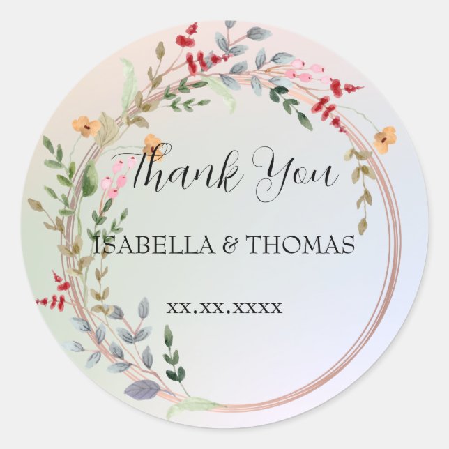 Elegant pastel floral Thank You Wedding party Classic Round Sticker (Front)