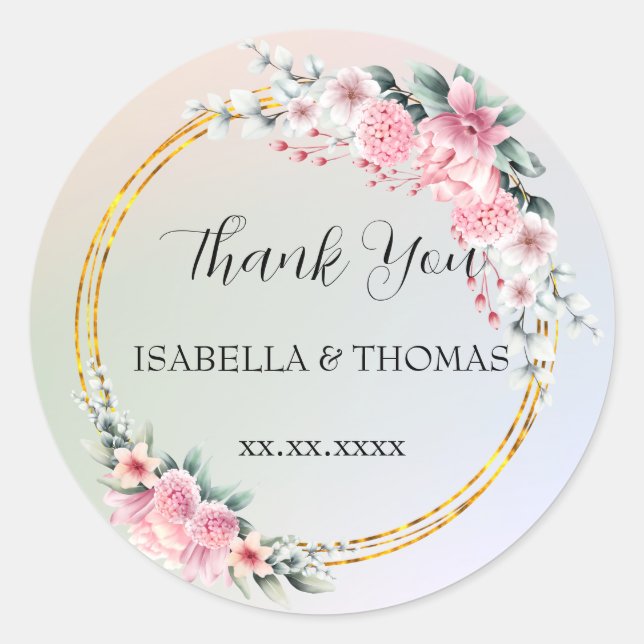 Elegant pastel floral Thank You Wedding party Classic Round Sticker (Front)